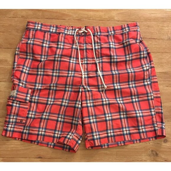 CHAPS Mens Coral Pink Plaid Swim Trunks Board Shorts Size XXL Mesh Liner - Picture 1 of 5